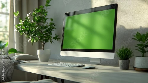 Modern Home Office Workspace with Green Screen Computer and Plants