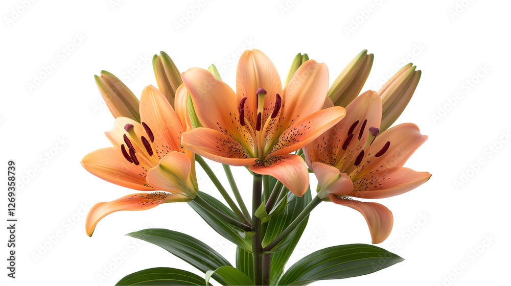 Peach Asiatic Lilies Elegant Spring Bouquet, Floral Arrangement for Plant Themes, isolated on transparent background. Peach Asiatic Lilies Elegant Spring Bouquet, Floral Arrangement for Plant Themes, isolated on transparent background.