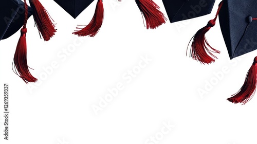 Crisp image of black graduation caps featuring red tassels, floating in the air against a stark white background, symbolizing academic success.
