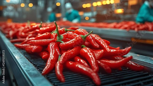 Red Chili Peppers on a Conveyor Belt in a Food Processing Plant