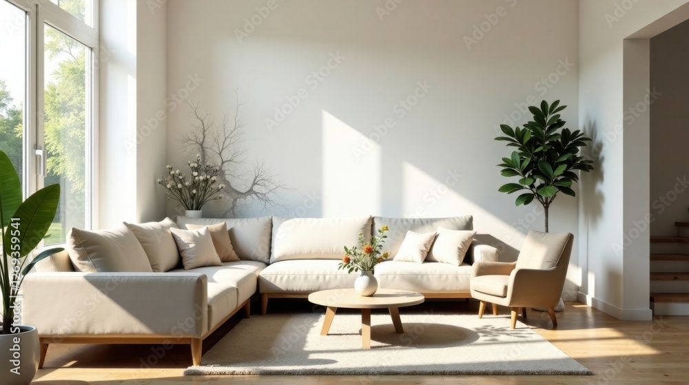 Sunlit Modern Living Room with Sectional Sofa and Cozy Armchair Sunlit Modern Living Room with Sectional Sofa and Cozy Armchair