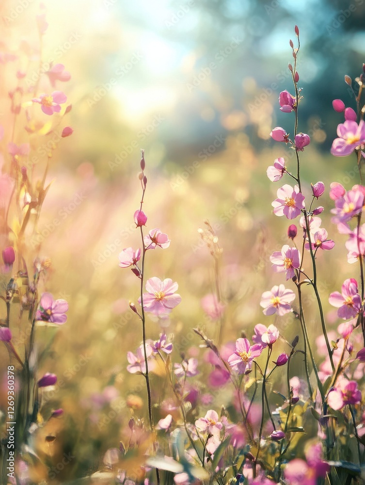Fototapeta premium Pink spring flowers on a meadow, blurry sunlight background