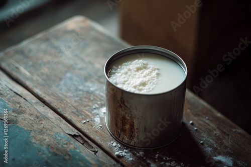can of coconut milk opened revealing its rich, creamy contents, set on a rustic wooden table