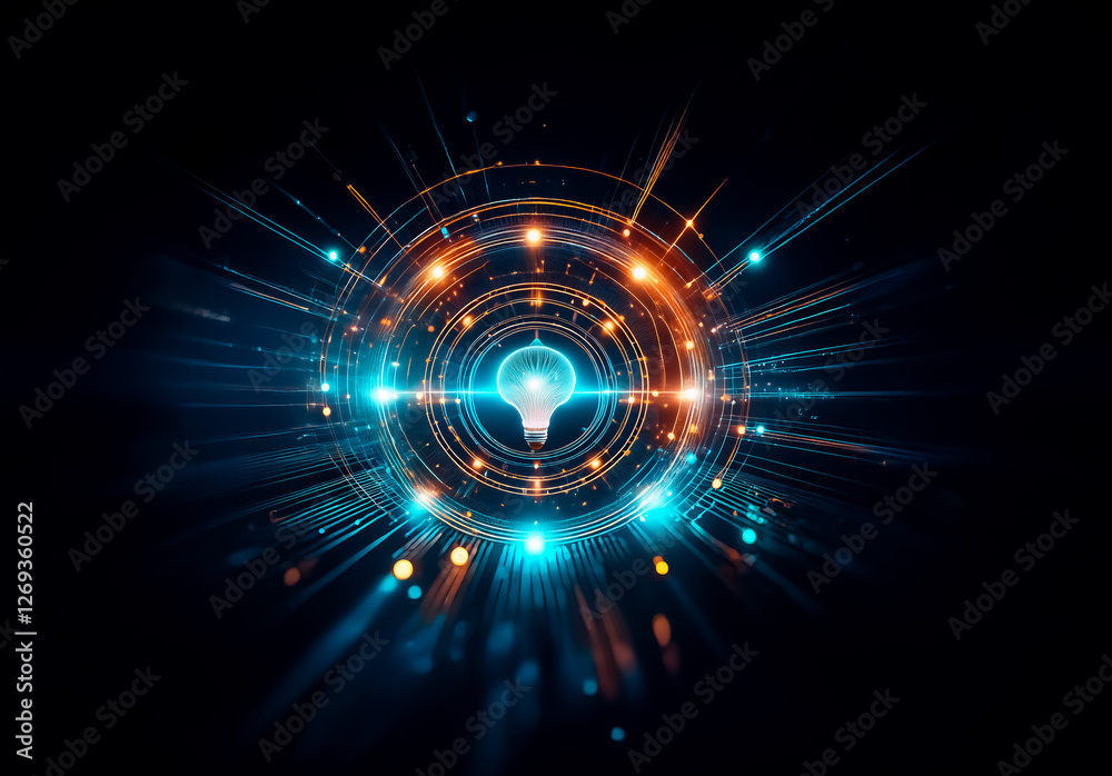 Fototapeta premium Abstract image of a glowing light bulb at the center surrounded by concentric circles and vibrant particles of blue and orange hues on a dark backdrop, representing an idea or innovation.