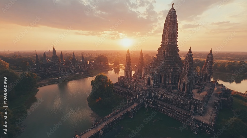 Naklejka premium Sunset over ancient temple ruins and water.