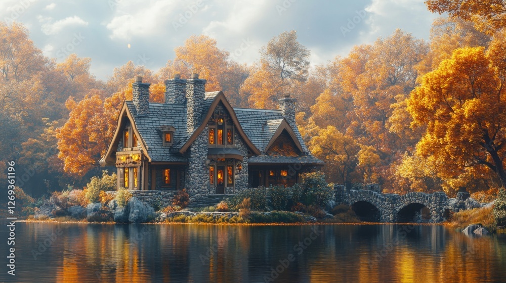 Obraz premium Serene autumn cottage by lake peaceful reflection