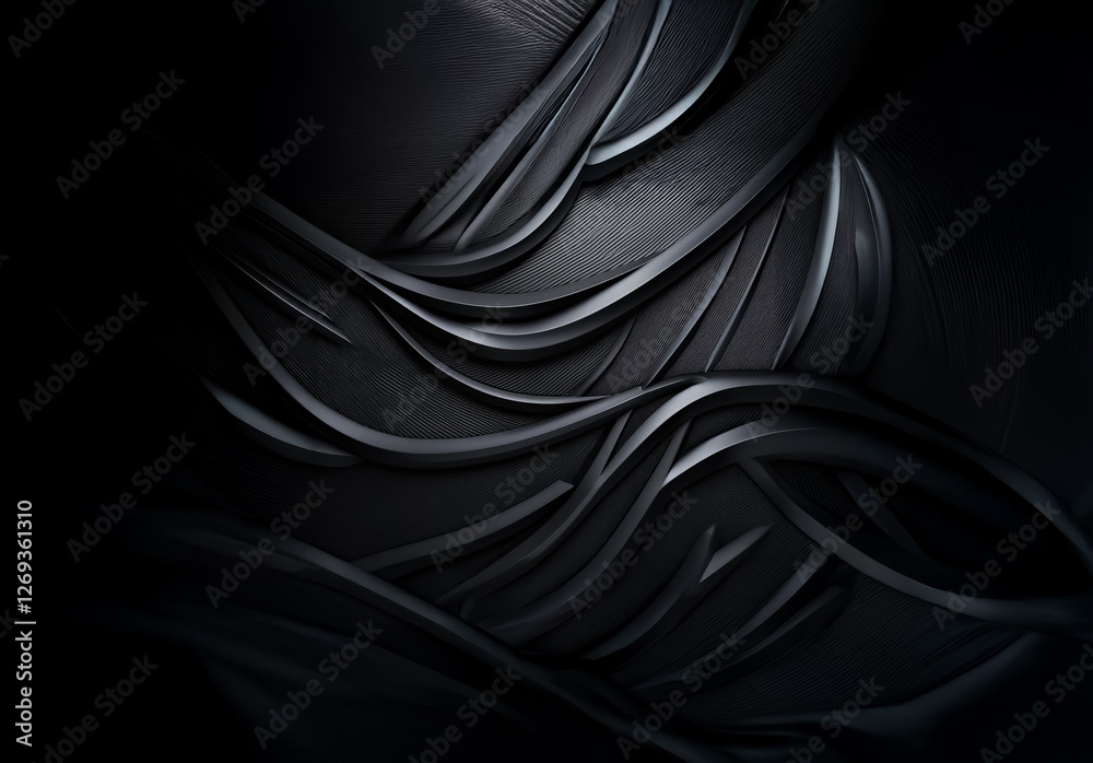 Fototapeta premium Dark, abstract background featuring smooth, flowing, curved lines creating a sense of depth and texture. The monochromatic image uses light and shadow to define the shapes.