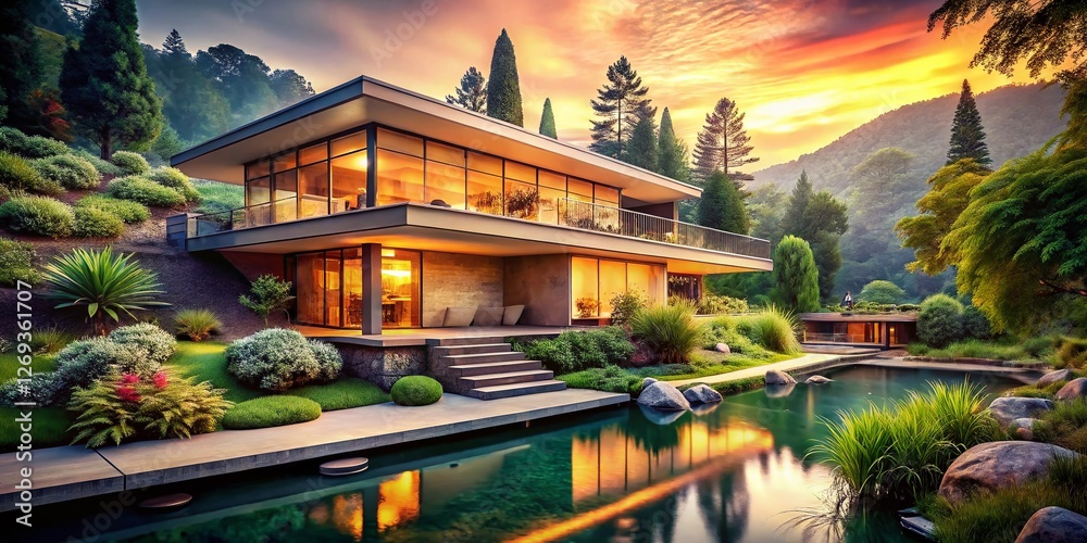 Obraz premium Vintage Style Photo: Tranquil Contemporary Architecture with Natural Elements & Sculptural Design