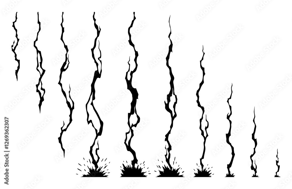 Lightning animation set with sparks. Electricity thunderbolt danger, light electric powerful thunder. Vector illustration