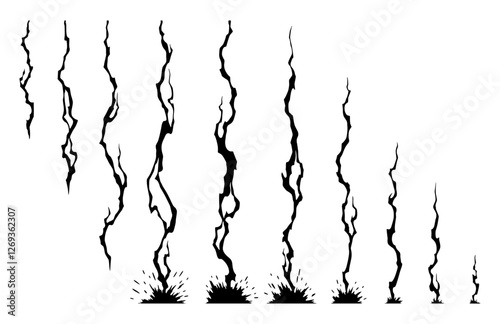 Lightning animation set with sparks. Electricity thunderbolt danger, light electric powerful thunder. Vector illustration
