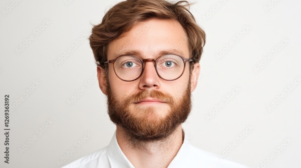 Confident young man with glasses and beard posing in a bright, neutral setting Confident young man with glasses and beard posing in a bright, neutral setting