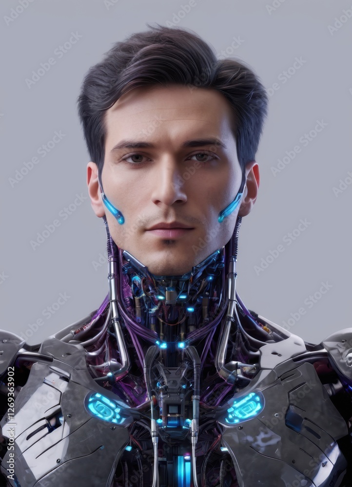 A male robot with a futuristic biomechanical AI integrated with a human. A deeply surreal fusion of technology and biology. Sci-fi aesthetics. A male robot with a futuristic biomechanical AI integrated with a human. A deeply surreal fusion of technology and biology. Sci-fi aesthetics.