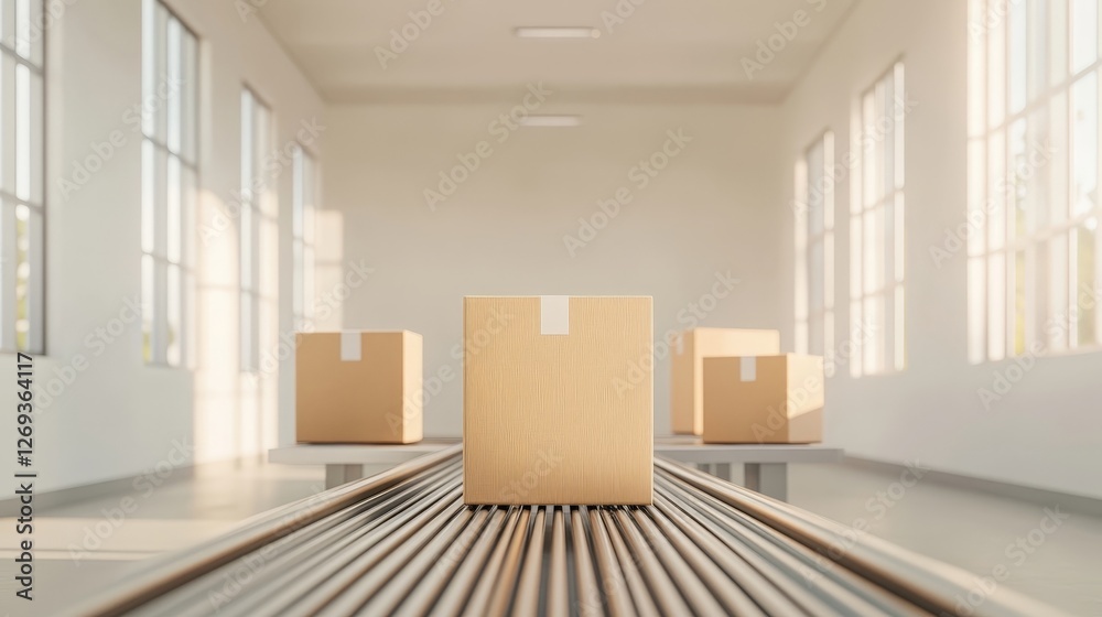 Brown cardboard boxes on conveyor belt in a spacious, well-lit warehouse setting Brown cardboard boxes on conveyor belt in a spacious, well-lit warehouse setting