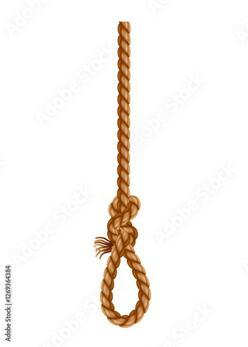 Hanging rope with tassel and node. Knitted nautical thread or marine vertical fiber. Textile tassel hang at rope isolated on white background. Vector illustration