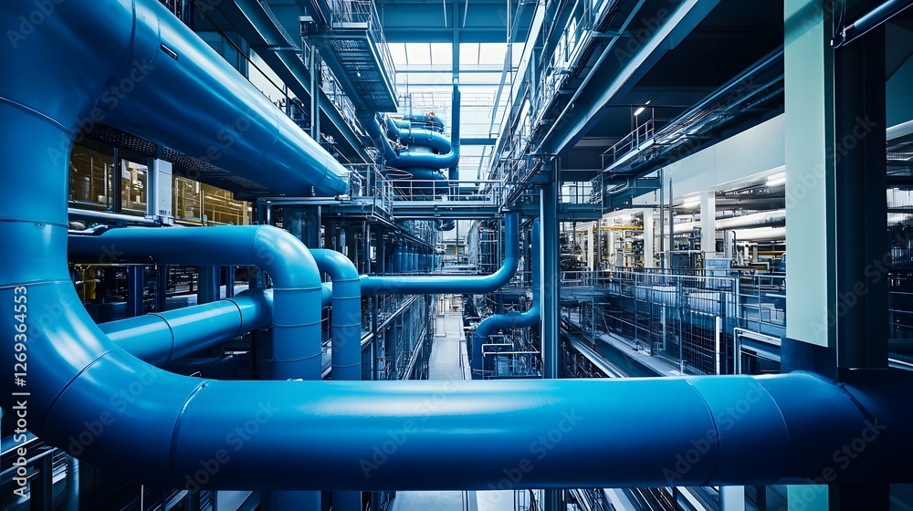Naklejka premium A large, open space filled with blue pipes. The pipes are arranged in a way that creates a sense of depth and complexity, with many of them intersecting and branching off in different directions