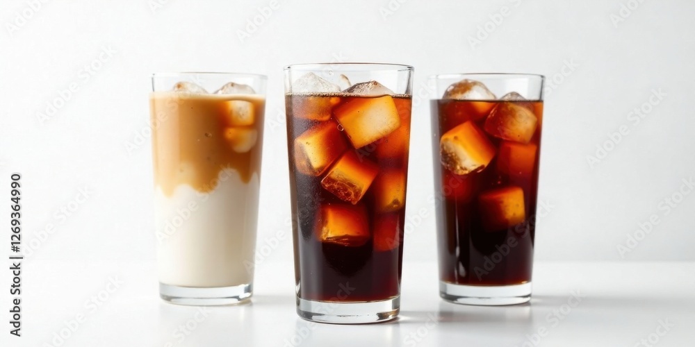 Refreshing Iced Coffee Trio A Delightful Presentation of Cold Brew, Latte, and Traditional Iced Coffee in Tall Glasses with Ice Cubes Refreshing Iced Coffee Trio A Delightful Presentation of Cold Brew, Latte, and Traditional Iced Coffee in Tall Glasses with Ice Cubes