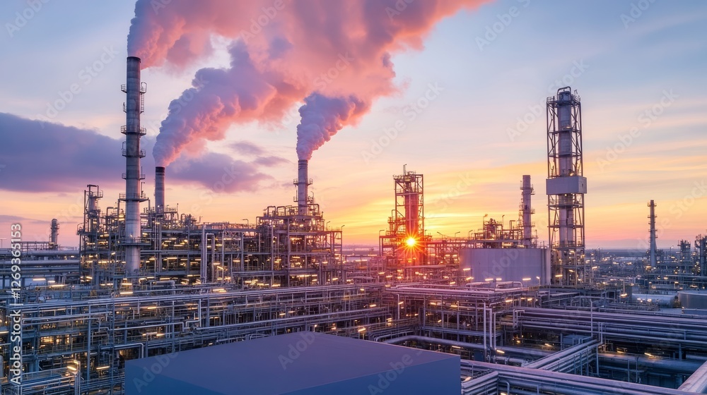 Modern Oil Refinery at Sunset with Smoke Pillars and Industrial Landscape Modern Oil Refinery at Sunset with Smoke Pillars and Industrial Landscape