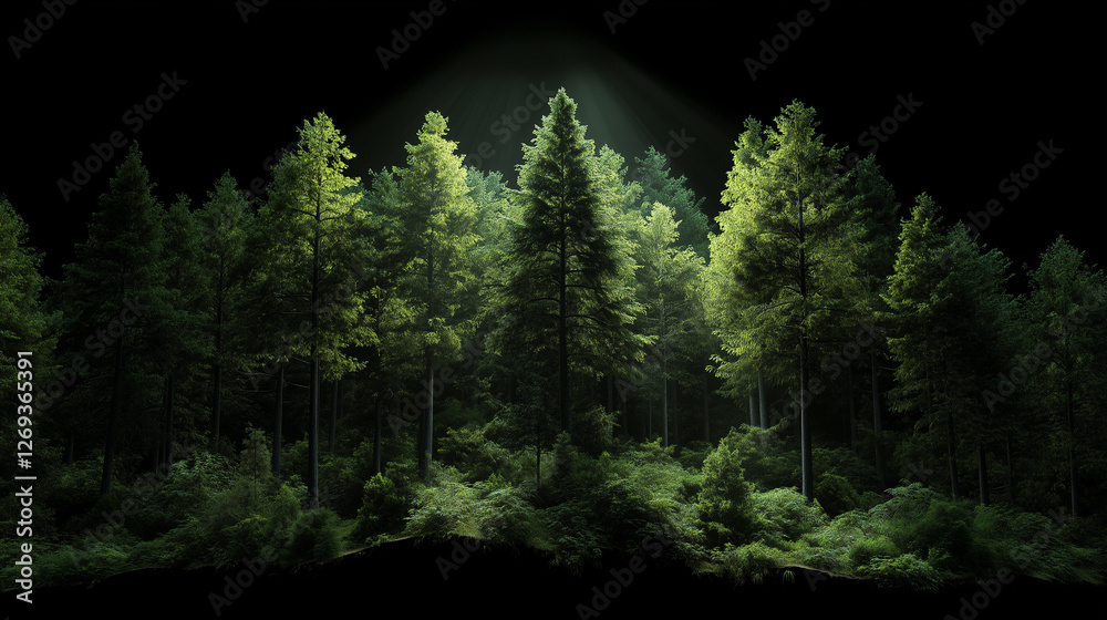 Fototapeta premium Sunlight filtering through a dense pine forest creates a serene natural atmosphere
