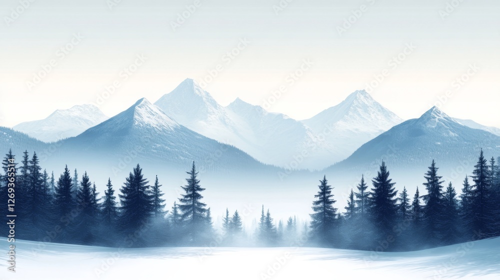 Fototapeta premium Serene winter wonderland snow capped peaks tranquil scene