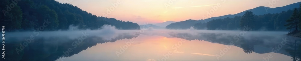 A silver lake at dawn with mist rising from its surface, water bodies, serene landscapes A silver lake at dawn with mist rising from its surface, water bodies, serene landscapes
