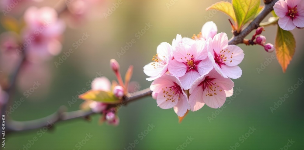 Obraz premium Delicate cherry blossom clusters on tall poplar branch, spring flowers, foliage