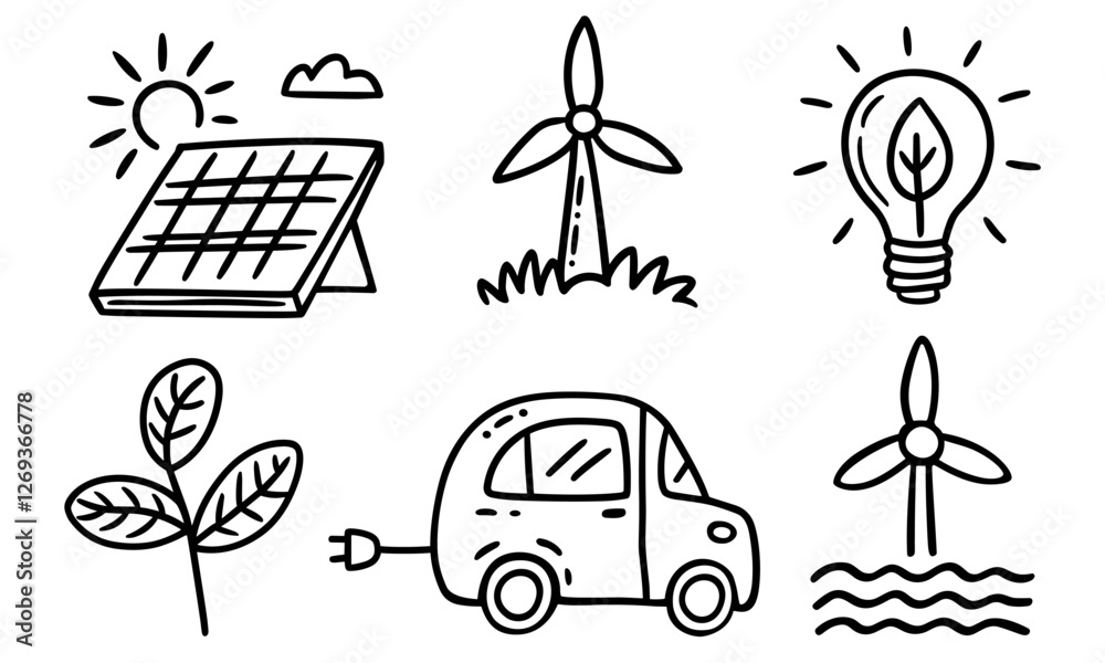 Fototapeta premium Eco-friendly and renewable energy icons, a solar panel, a wind turbine, a light bulb, a plant leaf, an electric car, an offshore wind farm, vector elements in sketch style