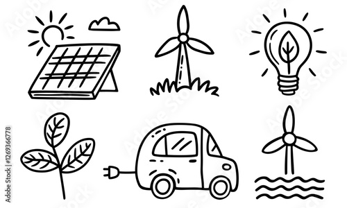 Eco-friendly and renewable energy icons, a solar panel, a wind turbine, a light bulb, a plant leaf, an electric car, an offshore wind farm, vector elements in sketch style