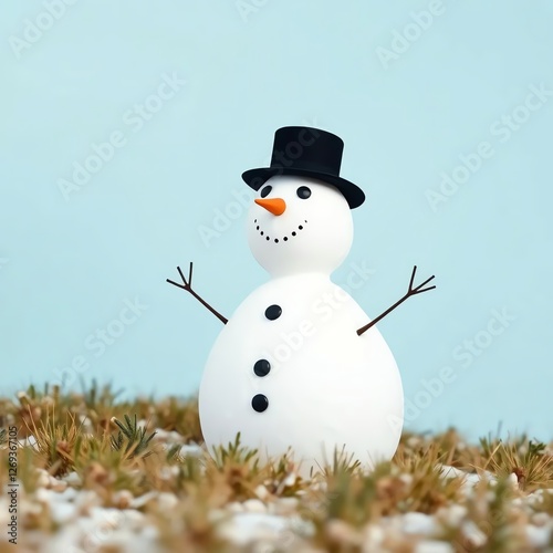 an image of a snowman with a top hat and a top hat on, there is a snowman that is standing in the grass photo