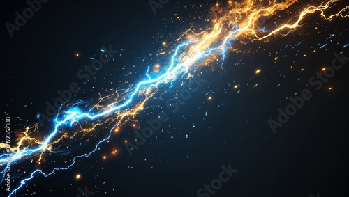 Abstract impact of arcane gold and phantom blue glowing lightning sparks effects anime on plain black background