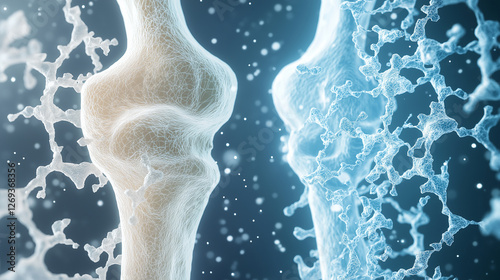 A comparative 3D model of a healthy vs. cancerous hip bone, showing a stark contrast between the two sides. The cancerous side is deformed, brittle, and covered in abnormal growths