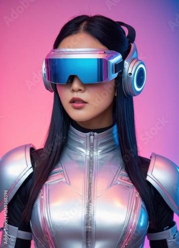 Asian woman, futuristic cyberpunk face, long black hair, wearing virtual reality goggles with holographic interface. She wears a modern metallic silver and white uniform. Cyberpunk, futuristic photo