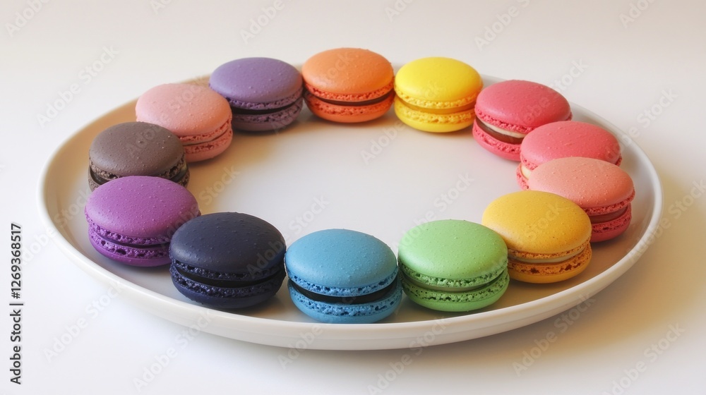 Obraz premium Rainbow macarons arranged on plate, white background, food photography, recipe