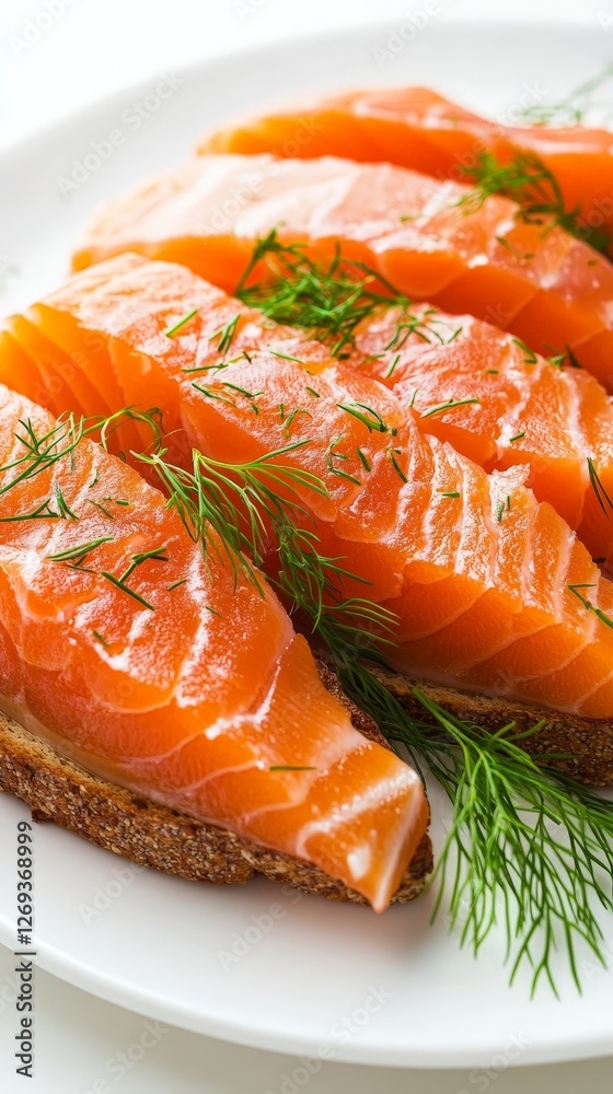 Freshly Sliced Salmon with Dill on Whole Grain Bread for a Healthy Meal Freshly Sliced Salmon with Dill on Whole Grain Bread for a Healthy Meal