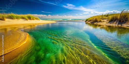 Vitrupe River Meets Ocean: Yellow Sand, Seagrass, Coastal Flow photo