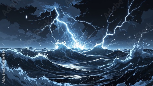 Abstract impact of crash storm surge gray glowing lightning sparks effects anime on plain black background