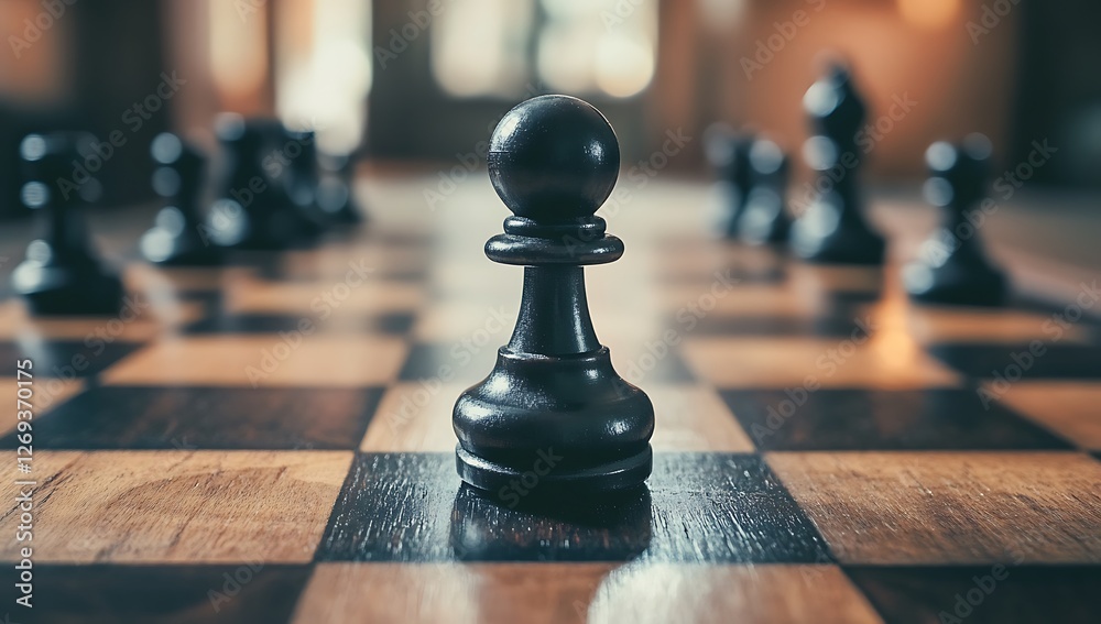 Pawn's Progress A lone chess pawn stands poised on the board symbolizing potential progress and the initial steps in a strategic journey towards a greater goal or achievement Pawn's Progress A lone chess pawn stands poised on the board symbolizing potential progress and the initial steps in a strategic journey towards a greater goal or achievement