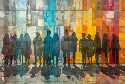 Featuring outlines of human silhouettes against a collage of vibrant colors, this image evokes themes of diversity, unity, and the richness of human experiences in urban settings. photo