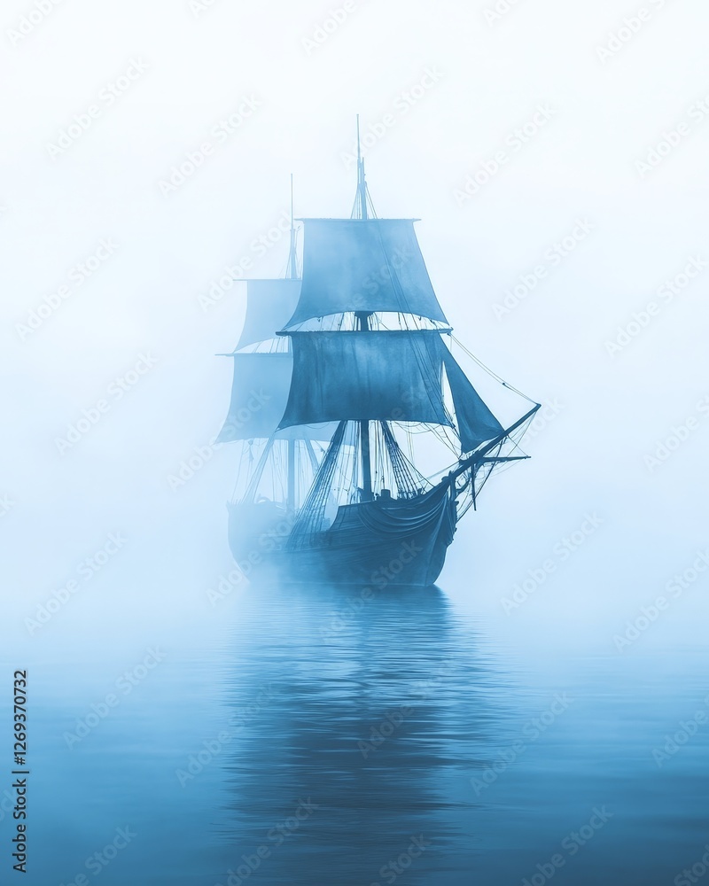 Mysterious sailing ship emerging through dense fog over calm waters at dawn Mysterious sailing ship emerging through dense fog over calm waters at dawn