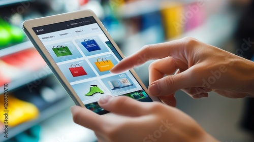 Modern e-commerce shopping experience with a person browsing an online retail website on a digital device, representing the future of digital transactions, online marketplaces, and seamless mobile sho photo