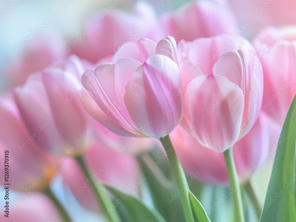 Fototapeta premium Delicate pink tulips blooming in a sunny garden during springtime