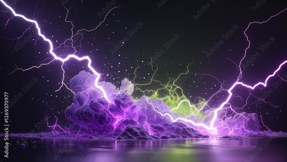 Abstract impact of electric lime and plum purple glowing lightning sparks effects anime on plain black background Abstract impact of electric lime and plum purple glowing lightning sparks effects anime on plain black background