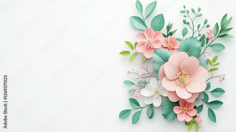 A sleek 3D spring bouquet illustration with soft pastel flowers and delicate green leaves, designed with minimal shading, set against a white background for a fresh and elegant look. A sleek 3D spring bouquet illustration with soft pastel flowers and delicate green leaves, designed with minimal shading, set against a white background for a fresh and elegant look.