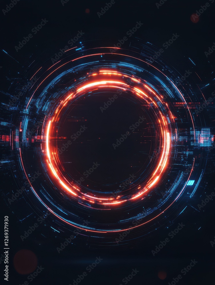 Fototapeta premium Abstract glowing digital circle on dark background. Technology and communication concept. 3D Rendering