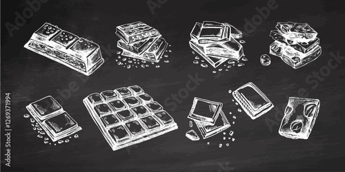 Hand-drawn chocolate illustrations set featuring bars and chunks on chalkboard  background