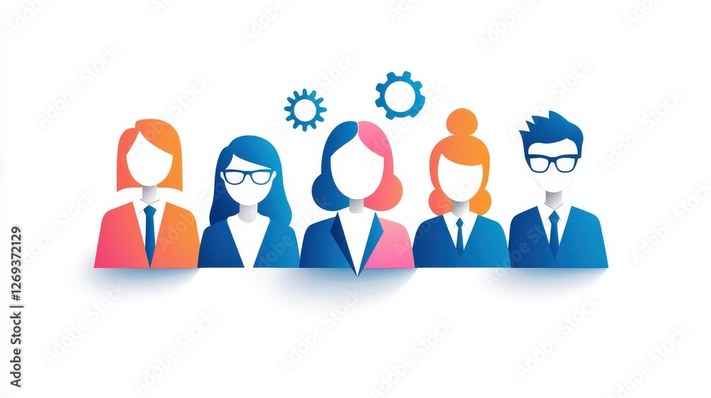 A stylish 3D business people icon with soft gradient shading, featuring a diverse team of professionals in a clean and modern style, perfect for corporate branding on a white background. A stylish 3D business people icon with soft gradient shading, featuring a diverse team of professionals in a clean and modern style, perfect for corporate branding on a white background.