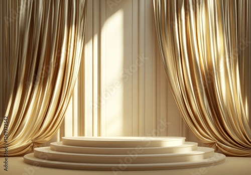 Golden Stage Platform in Elegant Room with Drapes photo
