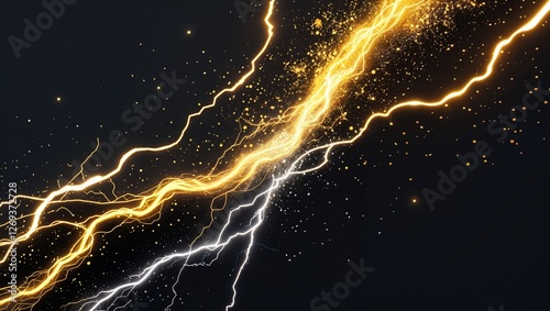 Abstract impact of gold and silver glowing lightning sparks effects anime on plain black background