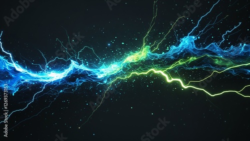 Abstract impact of hypernova cyan and cosmic lime glowing lightning sparks effects anime on plain black background photo