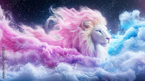 An abstract lion in soft pastel tones, blending beautifully with a dark background and purple light, creating a surreal atmosphere, captured in professional