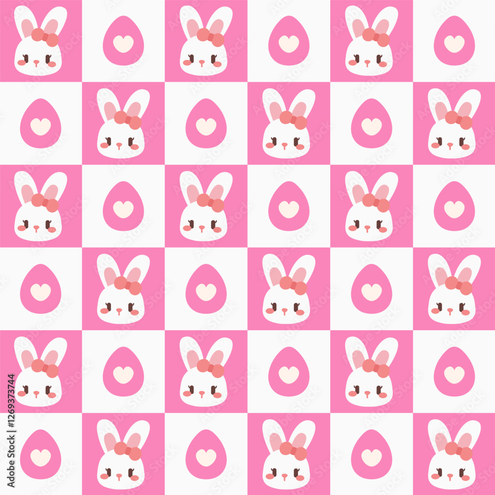 Cute Easter Bunny and Egg Checkered Seamless Pattern. A seamless checkered Easter pattern featuring kawaii bunny faces with bows and heart-decorated eggs in soft pink and white tones. Cute Easter Bunny and Egg Checkered Seamless Pattern. A seamless checkered Easter pattern featuring kawaii bunny faces with bows and heart-decorated eggs in soft pink and white tones.